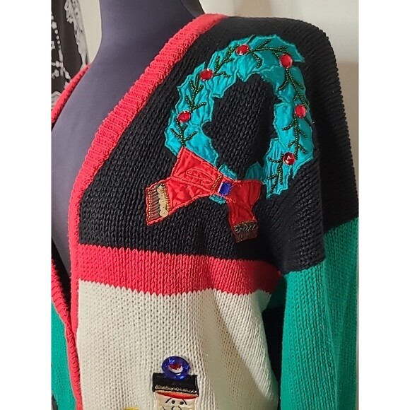VTG Work In Progress Cardigan Sweater Knit Women Sz 2X Holiday Mistletoe Santa - Picture 5 of 12
